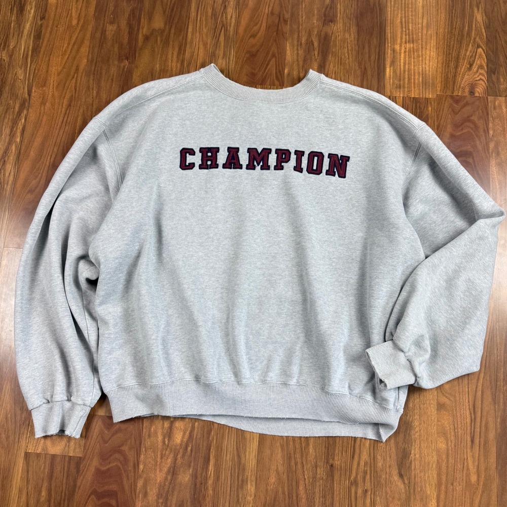 Champion Sweatshirt Boxy Heather Gray Embroidered Spellout Logo Vintage XL Mens